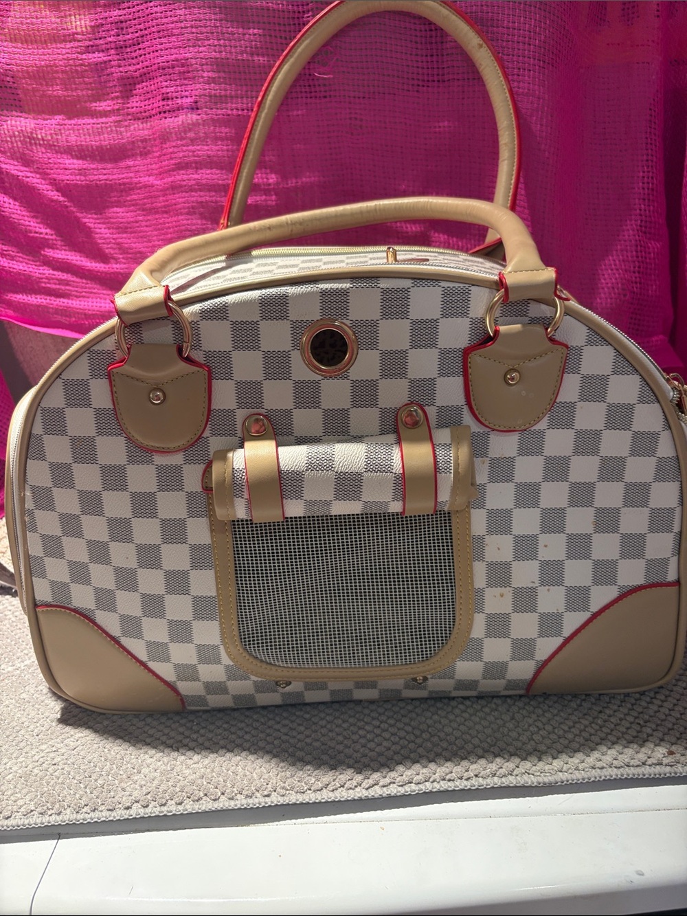 Cream and White Checkered Travel Bag with Red Trim